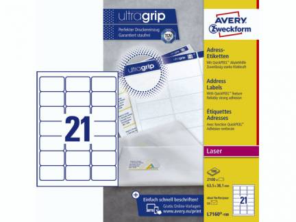 Laseretiket Avery 63,5x38,1mm 21/ark 100ark/pak L7160