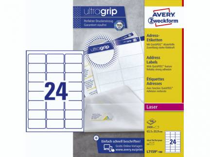 Laseretiket Avery 63,5x33,9mm 24/ark 100ark/pak L7159