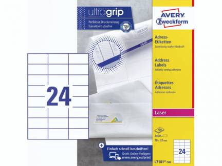 Laseretiket Avery 70x37mm 24/ark 100ark/pak L7181