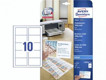Visitkort InkJet C3201425 hvid mat 200 g m/250 kort
