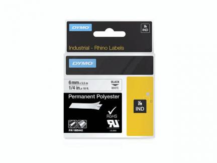 Labeltape DYMO Rhino poly perm 6mmx5,5m sort p&Atilde;&yen; hvid