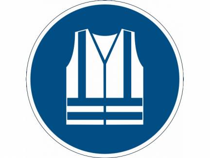 Advarselsklistermærke Anvend sikkerhedsvest Ø43cm 0,4mm blå/hvid