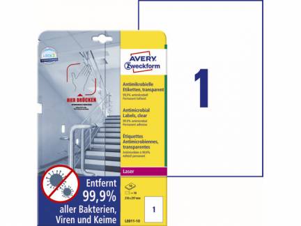 Laseretiket Avery antimicrobiel 210x297mm klar 1/ark 10ark/pk