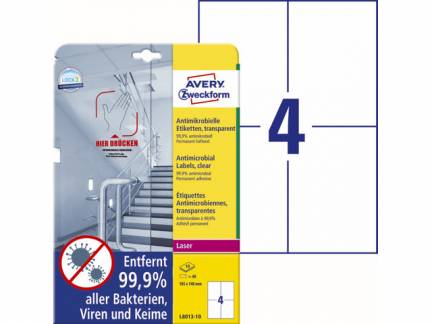 Laseretiket Avery antimicrobiel 105x148mm klar 4/ark 10ark/pk