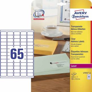 Laseretiket Avery transparent 38,1x21,2mm 25ark/pak L7551