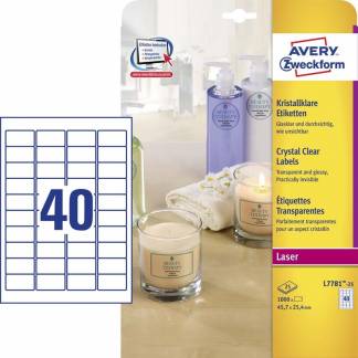 Laseretiket Avery Crystal Clear 45,7x25,4mm 40/ark 25ark/pak