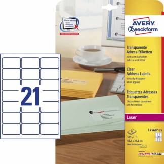 Laseretiket Avery clear 63,5x38,1mm 25ark/pak L7560