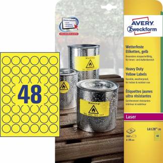 Laseretiket Avery stærk gul Ø30mm 48stk/ark 20ark/pak