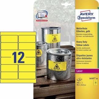 Laseretiket Avery stærk gul 99,1x42,3mm 12stk/ark 20ark/pak