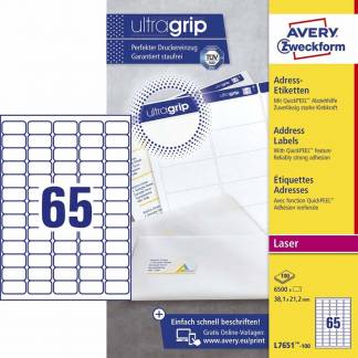 Laseretiket Avery 38,1x21,2mm 65/ark 100ark/pak L7651-100