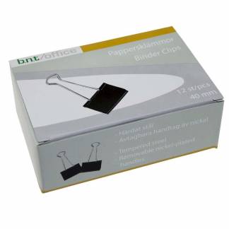 Papirklemme stål bnt sort 40mm foldback 12stk/pak