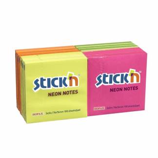 Notes Stick'N Neon gul, grøn, orange og pink 76x76mm 12blk/pak
