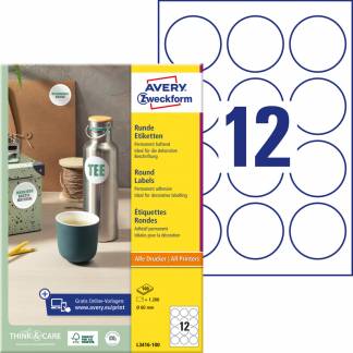 Etiket ø60mm hvid 12stk/ark 100ark/pk L3416-100