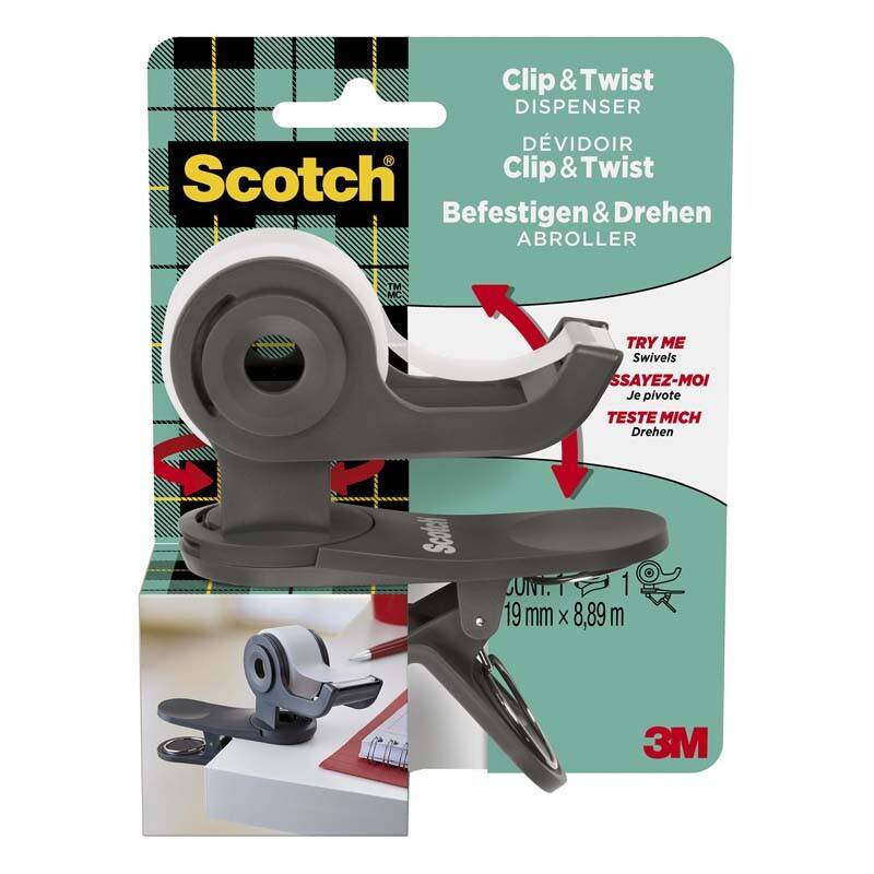 Tapedispenser Scotch gr&aring; Clip & Twist 19mmx9.00m Kerne diameter: 25