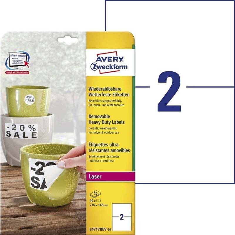 Laseretiket Avery st&aelig;rk aftagelig 210x148mm 40stk/ark 20ark/pak