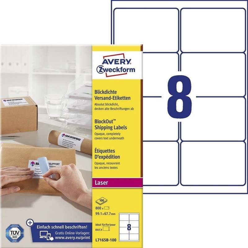 Etiket Avery m/BlockOut hvid 99,1x67,7mm 8stk/ark 100ark/pak