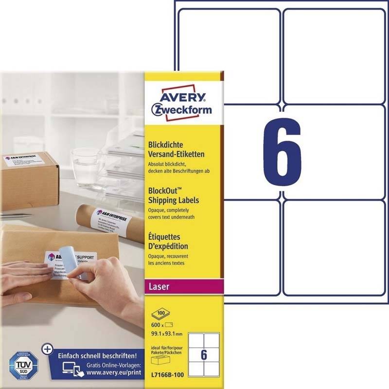 Etiket Avery m/BlockOut hvid 99,1x93,1mm 6stk/ark 100ark/pak