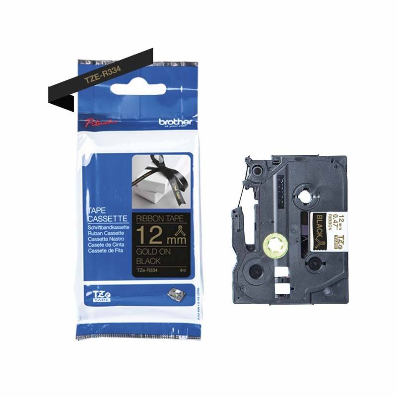 Labeltape Brother TZe-R334 12mmx4m guld p&aring; sort satin