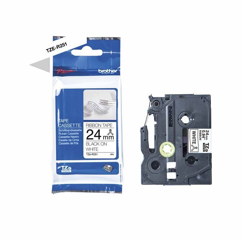 Labeltape Brother TZe-R251 24mmx4m sort p&aring; hvid satin