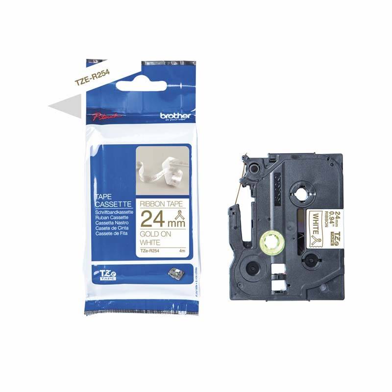 Labeltape Brother TZe-R254 24mmx4m guld p&aring; hvid satin