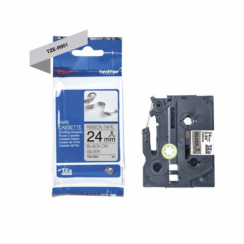 Labeltape Brother TZe-R951 24mmx4m sort p&aring; s&oslash;lv satin