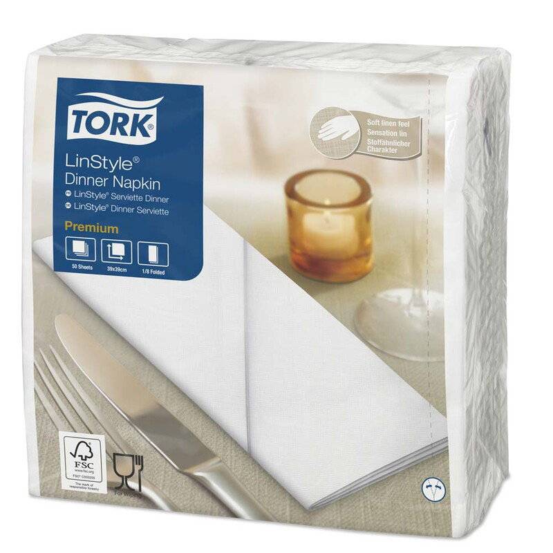 Middagsservietter, Tork, Linstyle 1/8-Fold, 1 lag, hvid 390mmx390mm, 55g/m2, pakke a 50 stk FSC Mix 