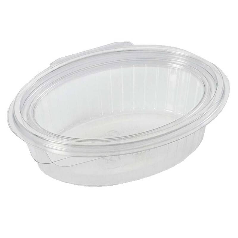 Plastbakke m/h&aelig;ngsl. l&aring;g 50stk R-PET oval 250ml 148x112x45mm