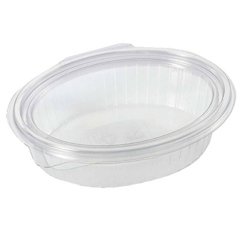 Plastbakke m/h&aelig;ngsl. l&aring;g 50stk R-PET oval 370ml 166x131x45mm