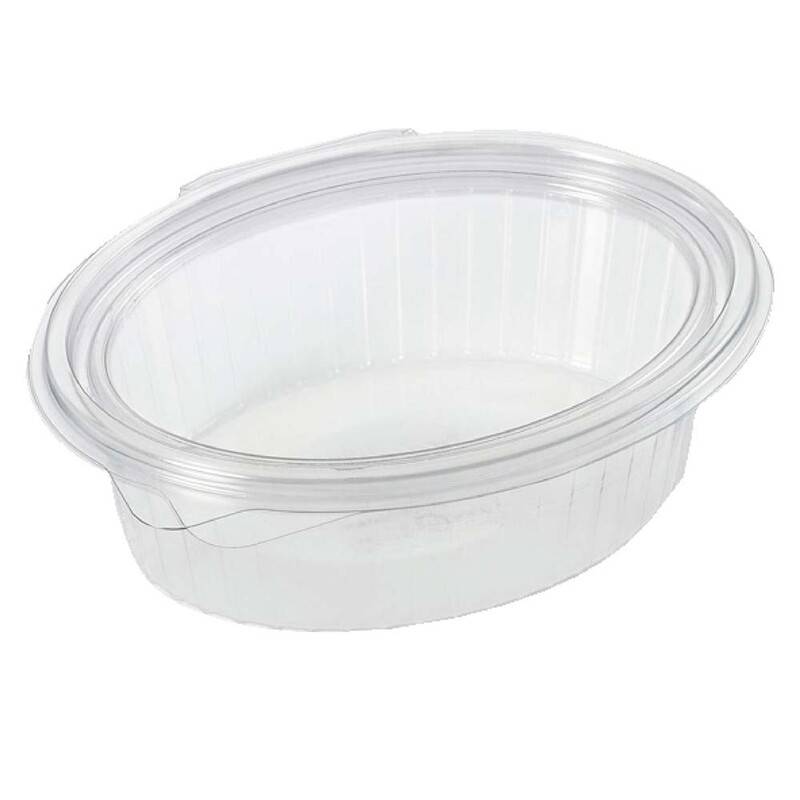 Plastbakke m/h&aelig;ngsl.l&aring;g 50stk R-PET oval 500ml 166x131x55mm
