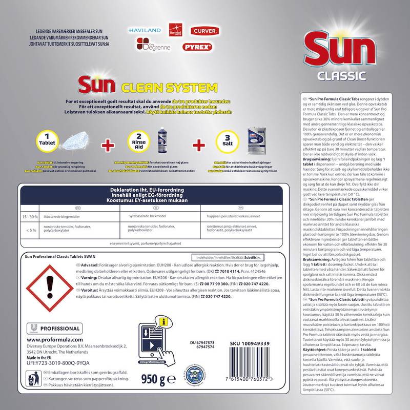 Opvasketabs Sun Prof Tabs 100stk Diversey Prof Tabs 100pcs
