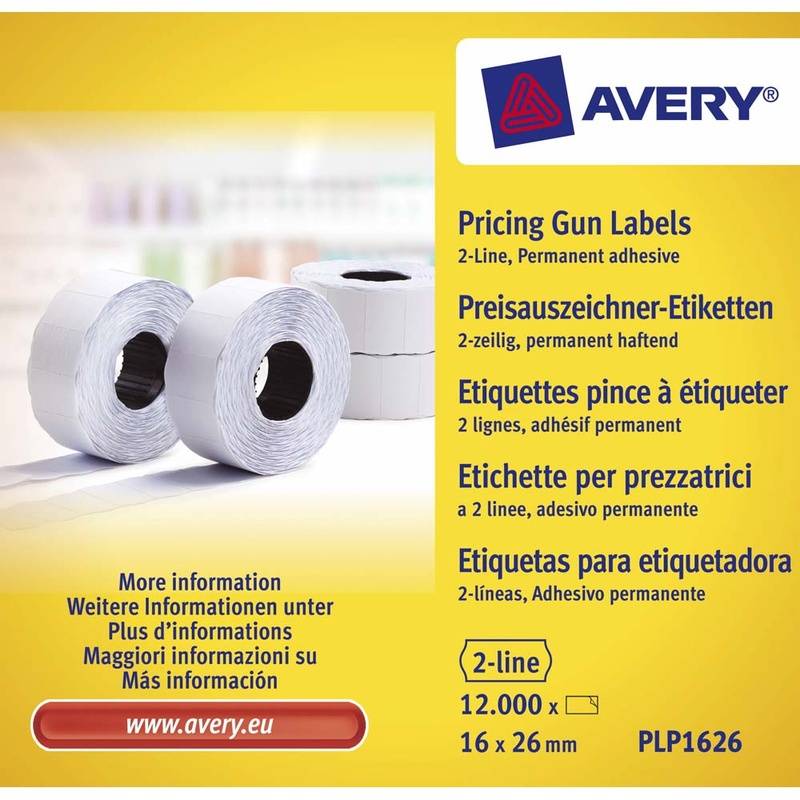 Prisetiketter Avery 2 linjer hvid 26x16mm perm.kl&aelig;b 1200stk
