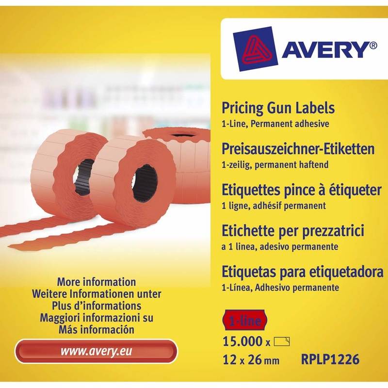 Prisetiketter Avery 1 linje r&oslash;d 26x12mm perm.kl&aelig;b 1500stk