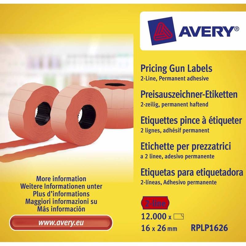 Prisetiketter Avery 2 linjer r&oslash;d 26x16mm perm.kl&aelig;b 1200stk