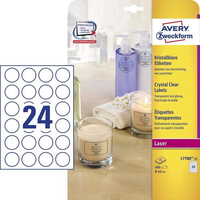 Laseretiket Avery Crystal klar &Oslash;40mm 24/ark 25ark/pak