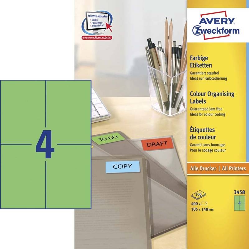 Etiket Avery gr&oslash;n 105x148mm 3458 4stk/ark 100ark/pak