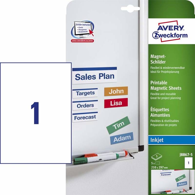 Magnet label Avery hvid 210x297mm 5stk/pak J8867-5