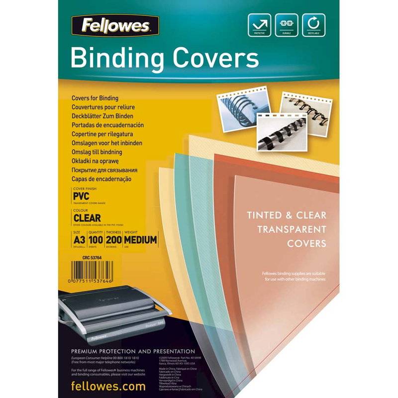 Plastforside Fellowes 200mic klar A3 PVC 100stk/&aelig;ske