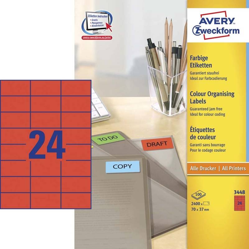 Etiket 70x37mm r&oslash;d Avery 3448 24stk/ark 100ark/pak