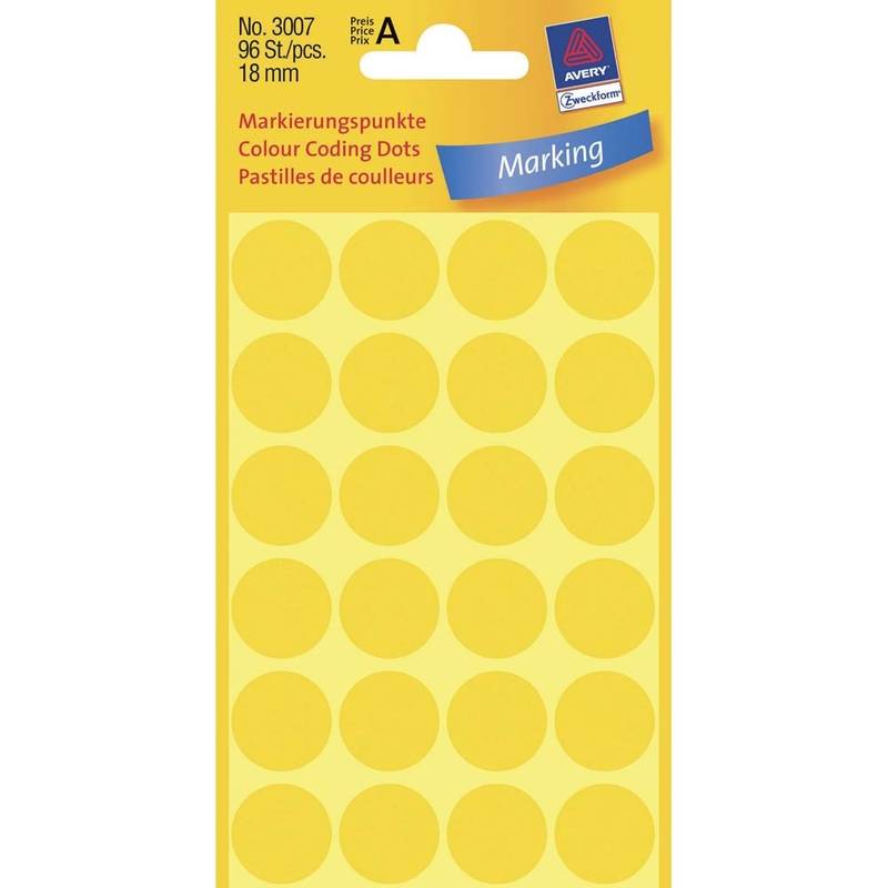 Etiket Avery gul &Oslash;18mm 3007 96stk/pak Universeletiket pakke med 96 stk