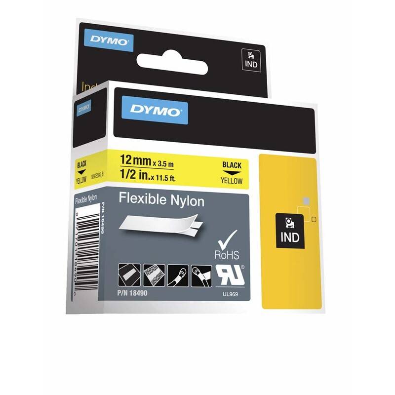 Labeltape DYMO Rhino 12mmx3,5m sort p&aring; gul nylon