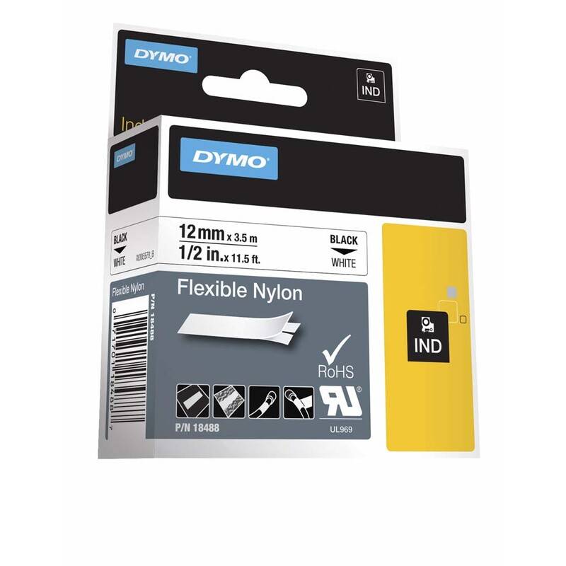 Labeltape DYMO Rhino 12mmx3,5m sort p&aring; hvid nylon