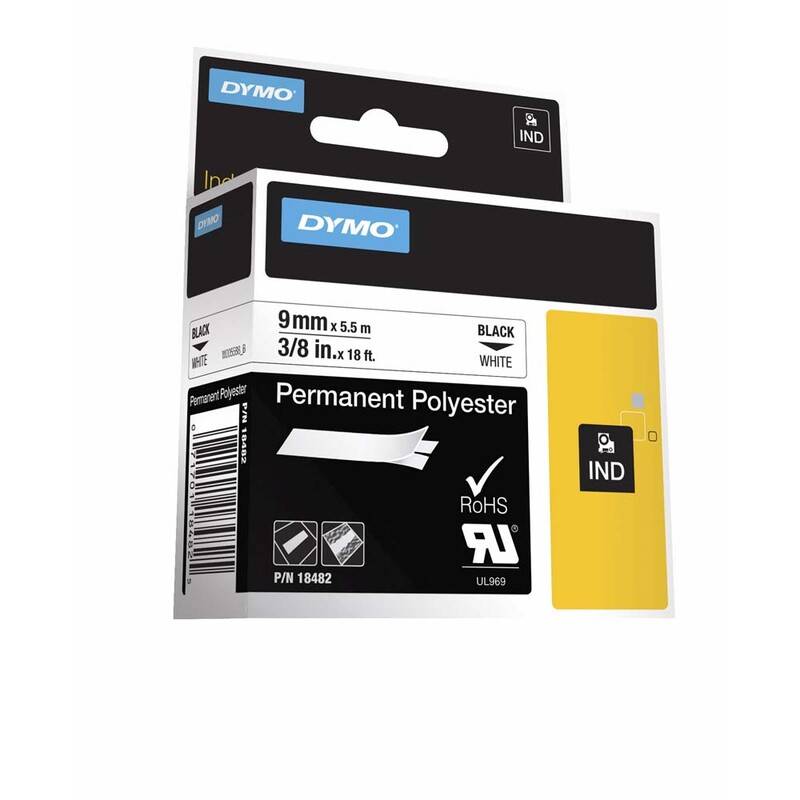 Labeltape DYMO Rhino 9mmx5,5m sort p&aring; hvid polyester