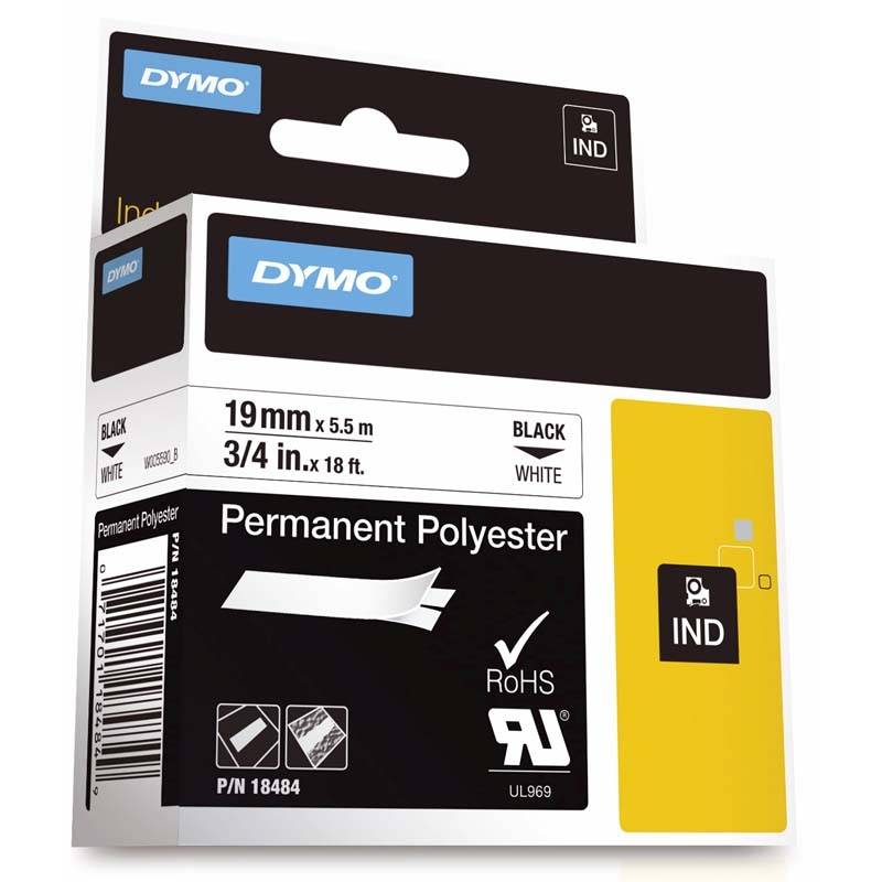 Labeltape DYMO Rhino 19mmx5,5m sort p&aring; hvid poly