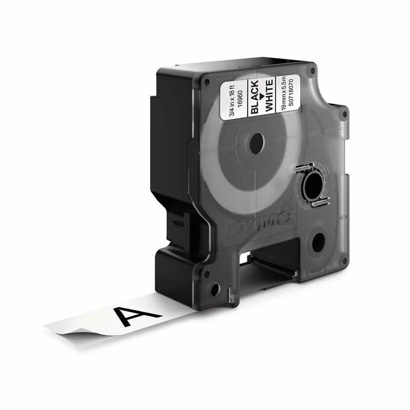 Labeltape DYMO D1 perm. polyester 19mm sort p&aring; hvid