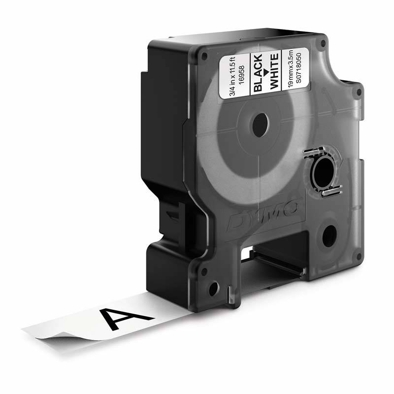 Labeltape DYMO D1 16958 S0718050 19mmx3,5m sort p&aring; hvid nylon flex