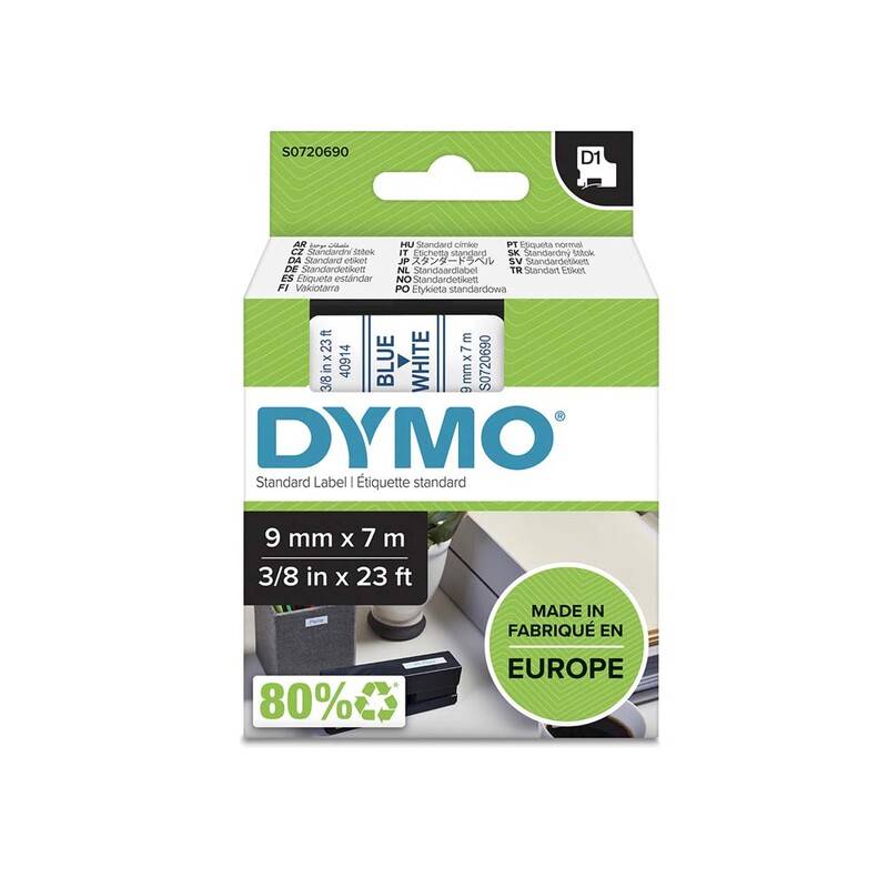 Labeltape DYMO D1 40914 S0720690 9mmx7m bl&aring; p&aring; hvid