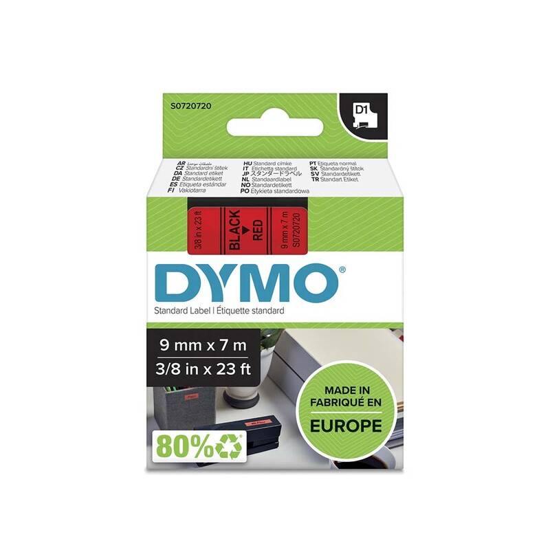 Labeltape DYMO D1 40917 S0720720 9mmx7m sort p&aring; r&oslash;d