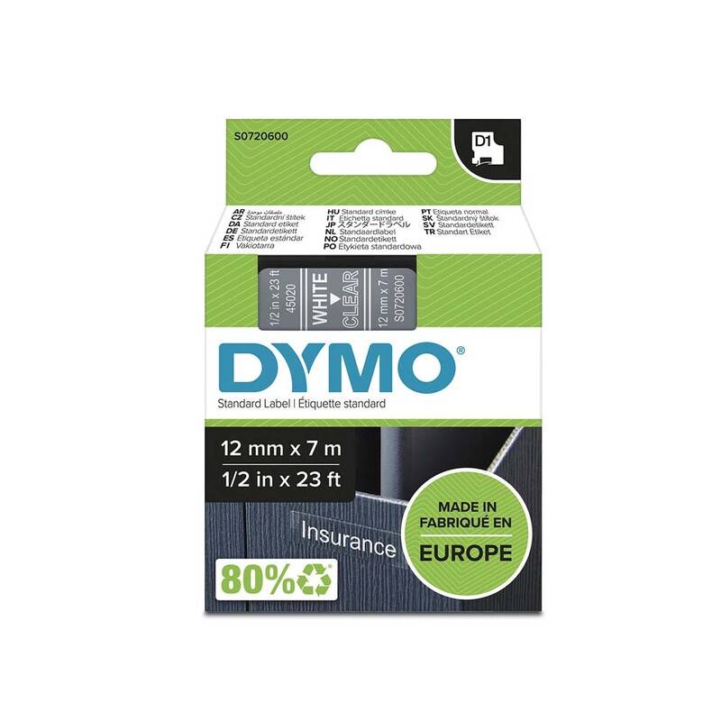 Labeltape DYMO D1 45020 S0720600 12mmx7m hvid p&aring; klar