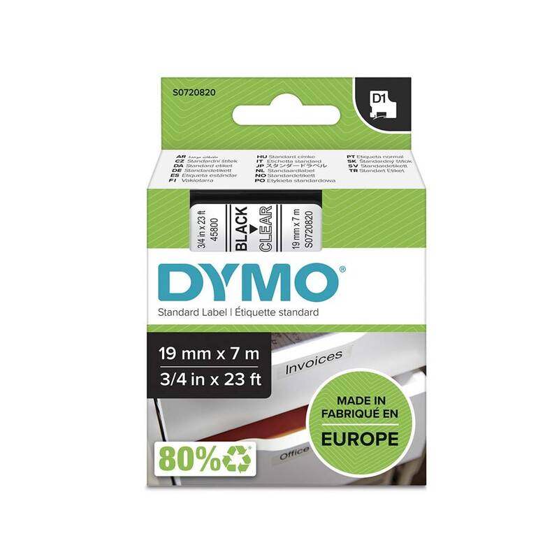 Labeltape DYMO D1 45800 S0720820 19mmx7m sort p&aring; klar