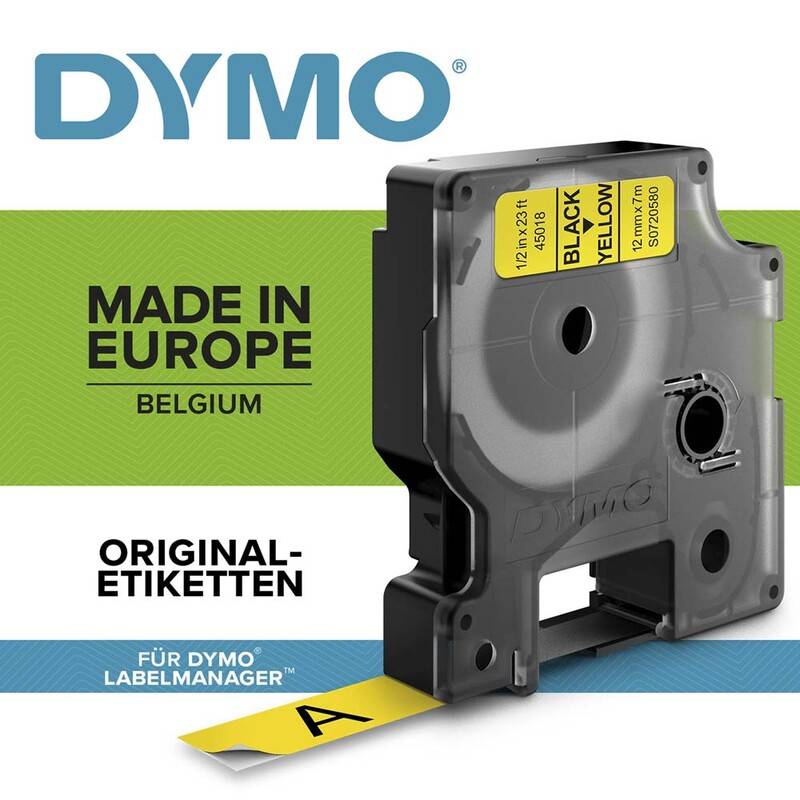 Labeltape DYMO D1 45808 S0720880 19mmx7m sort p&aring; gul